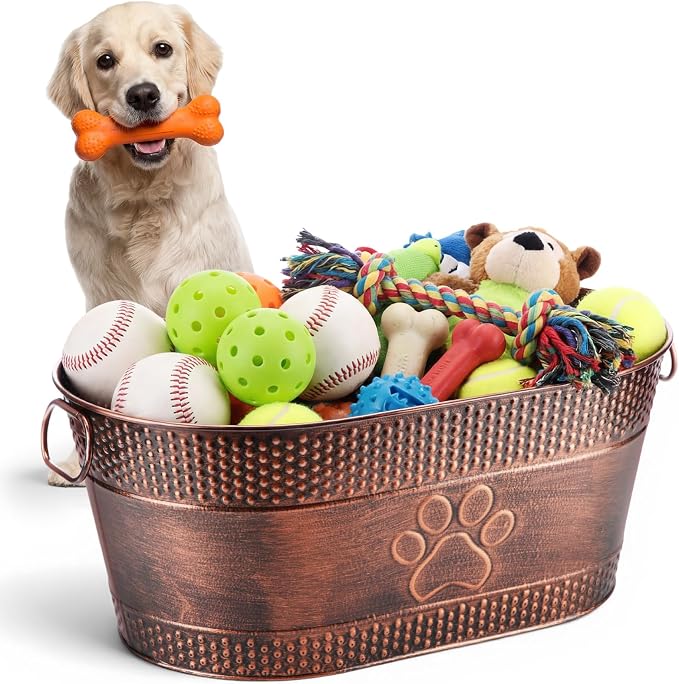 Zonon Metal Dog Toy Storage Bin with Handles 21 Quart Vintage Decorative Basket for Dog Ropes Food Living Room Decor, Galvanized Steel Pet Toy Organizer, 18x11.5x7.5 Inch (Dog's Paw) by Zonon