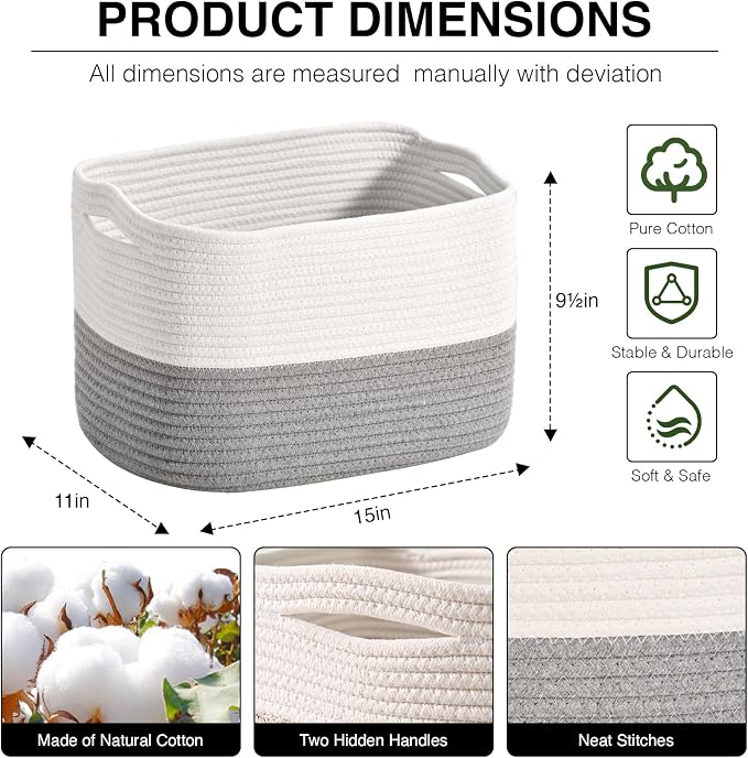 ICERZCZ Woven Cotton Rope Storage Basket for Organizing, Cute Decorative Baskets for Gifts Empty, Organizer Bins for Dog Toy, Baby Laundry, 15“×11”×9.5“, Off White & Grey - Image 2
