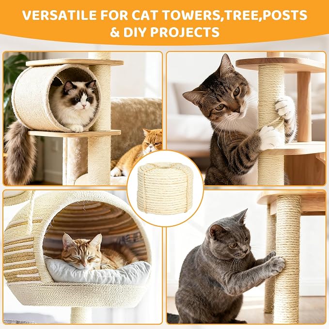 White Sisal Rope for Cat Tree and Scratching Post 5mm 1/5 Inch, 100 Feet | Natural Sisal Fiber, Tight Twist Climbing Twine, Cat Tree Tower Repair, Scratching Post Replacement, Natural Scratching - Image 6