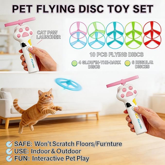 Cat Toy Disc Launcher,Rechargeable Interactive Cat Fetch Toy with 10 Discs | Cat Toys for Indoor Cats,Flying Cat Enrichment Toys for Adult Kittens Dog Playing,Hunting Tracking Toys for Outdoor Indoor - Image 6