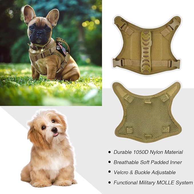 Tactical Dog Harness with Leash Tactical Puppy Vest with Rubber Handle K9 Military Adjustable Pet Harness for Outdoor Training XS Dog Harness (Brown Harness with Leash) - Image 3