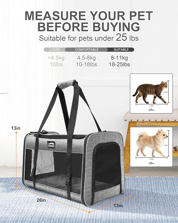 Soft-Sided Large Cat Carrier for 2 Cats, Spacious Foldable Pet Travel Carrier for Large Cats up to 25 Lbs, Double Cat Bag with Shoulder Strap, 20x13x13 Inch, Fits Maine Coon and Small Dogs, Grey | Spacious 20×13×13 in design with reinforced frame for o... - Image 9