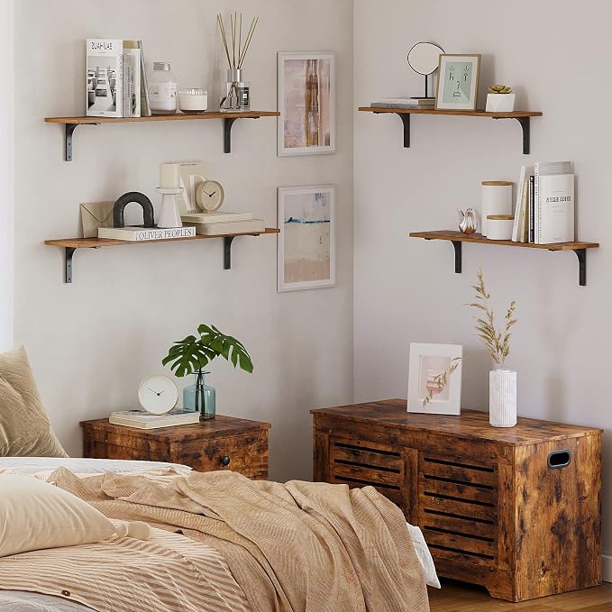 Long Wall Shelves, 23.6Inch Wooden Wall Mounted Shelves, Set of 2 | Floating Book Shelf, Easy Assembly Metal Bracket, Max Load 22lbs, Wall Storage Ledges, Bedroom/Bathroom/Kitchen, Rustic Brown - Image 8