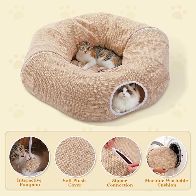PEQULTI Beige Donut Cat Tunnel Bed Washable Plush Mat Multi for Small Pets | Round play tube with soft detachable plush mat, multi-pet toy fit indoor cats, kittens, puppies, rabbits and ferrets - Image 7