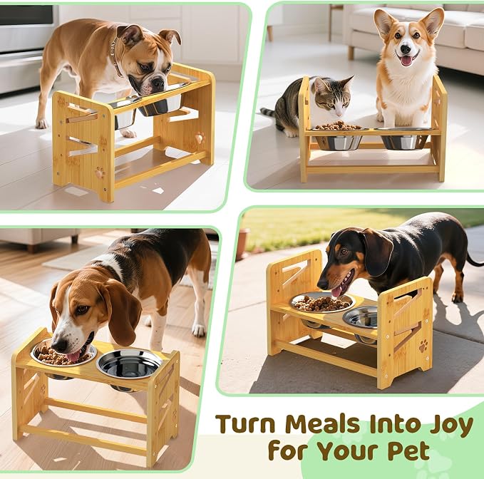 Elevated Dog Bowls, Adjustable Raised Dog Bowl Stand for Medium and Small Dog, 11" High Bamboo Pet Food Feeder with 2 Stainless Steel Dishes（4 Heights） - Image 7