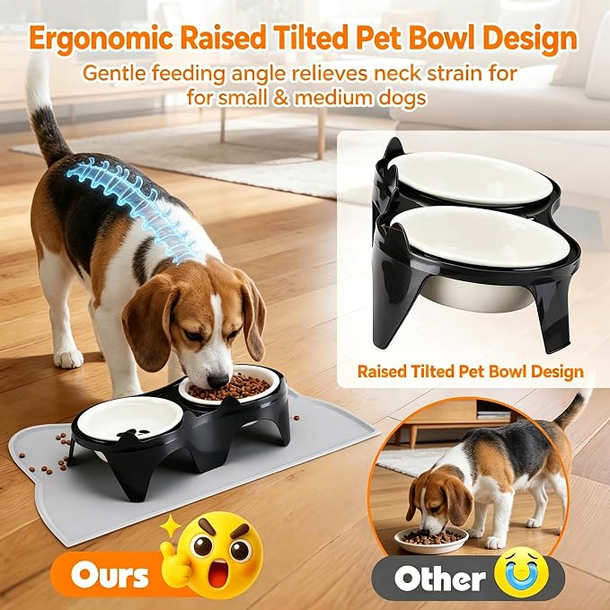 Ceramic Raised Dog Bowls for Small Medium Puppies, Non Slip Dual Feeding Dishes with Silicone Mat, 2 Pack Pet Food Water Bowls Suitable for Cats & Dogs, Black - Image 2