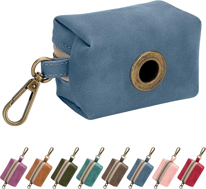 Didog Dog Poop Bag Holder for Leash, Stylish PU Leather, Blue | Easy Clean for Daily Walking, Quick to Install on Leash & Harness, Easy-Pull with Metal Clip, Includes 1 Roll Pet Waste Bag by Didog
