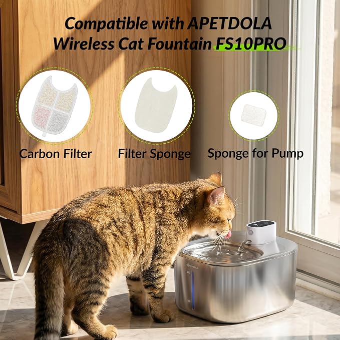 Cat Water Fountain Filter,12 Pack FS10PRO Cat Fountain Filter Replacement, 12 PCS Filters & 12 PCS Sponge Set for Stainless Steel Cat Dispenser,6 Layer Filters for Pet Fountain - Image 2
