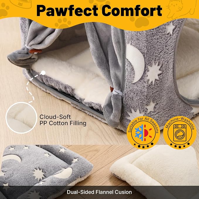 4-In-1 Cat Tunnel with Cube House, Night-Luminous Cat Play Tunnel House with Dual Peek Holes, Large Pocket, Hideout Cat Toys with Tunnel & House, Cat Furniture Tent for Playing, Hiding & Lounging Grey - Image 4