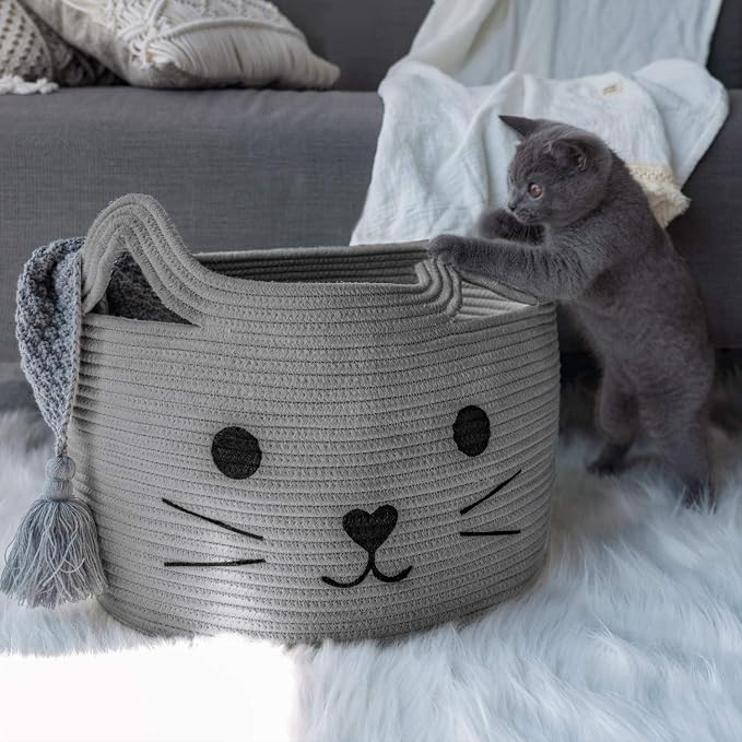 Large Woven Rope Cat Toy Basket with Cat Face Design, Grey | 15.7" x 11.8" Toy Bin & Box for Living Room Nursery, Baby Storage Basket for Towels, Blankets, with Sturdy Handles - Image 3