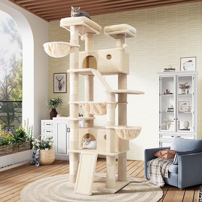 SHA CERLIN 81in Multi-Level Tall Cat Tree Tower for Indoor Kitties/Larger Cat Condo Furniture with Hammock/Cozy Pussycat Perches/Sisal Scratching Posts/Pet House/Wide Base/Beige by SHACERLIN