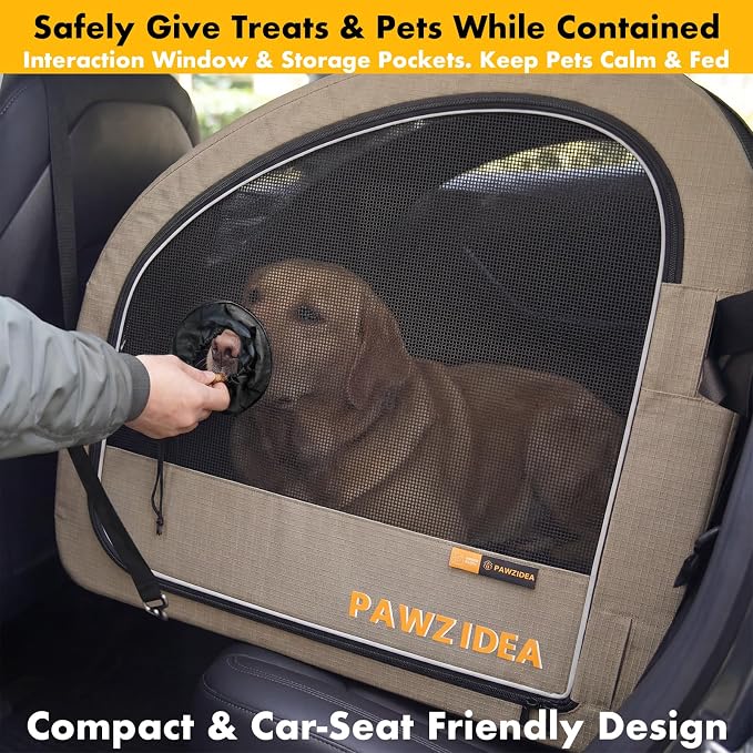 PAWZIDEA Portable Dog Crate for Car Travel, Medium & Large Dogs Up to 80lbs | Enclosed Soft-Sided Dog Car Kennel for Backseat, Secures w/ Seatbelt & Headrest Strap, Collapsible Car Carrier, Chew-Proof - Image 3