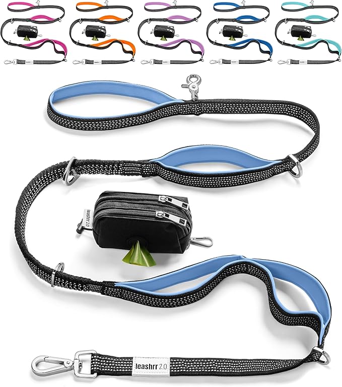Heavy Duty Dog Leash for Large Dogs – 6FT Reflective Bungee with Padded Handles, Strong Carabiner Clip, No Pull Control for Medium & Large Breeds, Includes Poop Bag Holder & Treat Pouch (Purple-Blue) by Leashrr20