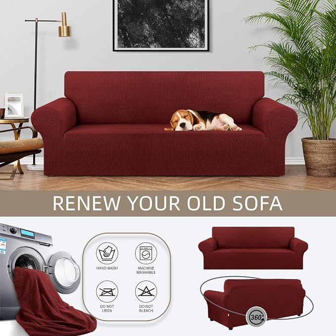 KEKUOU Stretch Oversized Couch Covers for Sofa Slipcover,Dark Red | 1-Piece Washable Sofa Cover (94"-110") 4-Seater Furniture Protector, Soft Jacquard Non-Slip Elastic Bottom for Dogs & Kids - Image 3