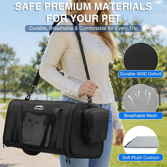 Pet Carrier for Small Dogs & Cats, Airline Approved, Lightweight, Foldable, Comfortable Travel Bag with Plush Cushion & Extra Storage (Black) - Image 7