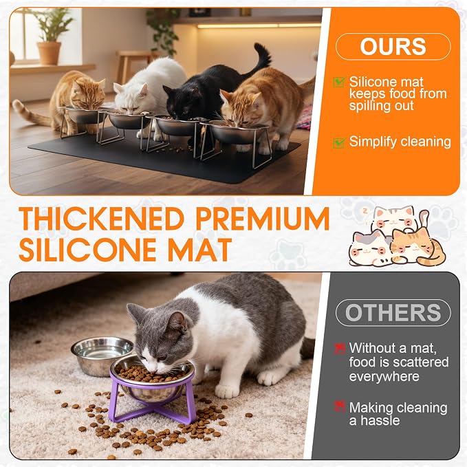 4 Set Elevated Cat Food Water Bowls 15°Tilted Stand Anti Vomiting Raised Dishes with Food Silicone Mat Stainless Steel Whiskers Friendly Cat Bowls for Multiple Cats and Puppy - Image 4