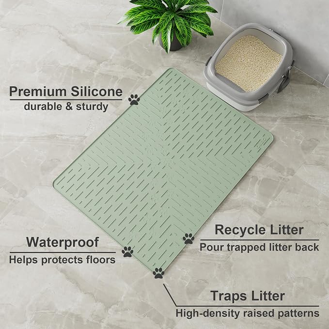 XL Cat Litter Mat, 37.5x25.2 Silicone Trapping Mat Sage Green | for Kitty Litter Box, Easy Clean, BPA Free Rubber, Center Litter Collection, Easy Pour-Back, Waterproof, Odor-Resistant - Image 2