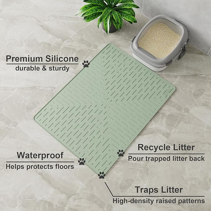 Large Cat Litter Mat, 31.5x23.6 Silicone Trapping Mat Sage Green | for Kitty Litter Box, Easy Clean, BPA Free Rubber, Center Litter Collection, Easy Pour-Back, Waterproof, Odor-Resistant - Image 2