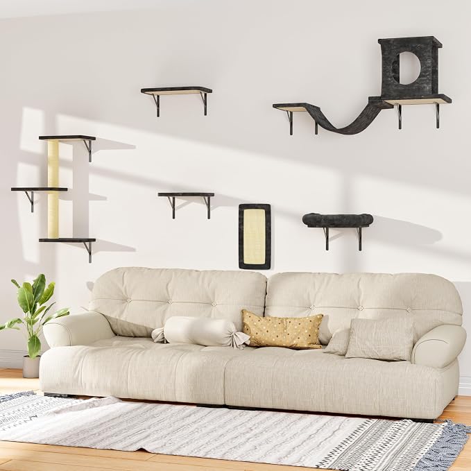 Wall Mounted Cat Furniture, 6 Pcs Cat Wall Shelves | with Condo House, Bridge, Steps, Scratcher, Hammock, Indoor Safe & Stable Furniture for Kittens Play, Dark Gray - Image 7
