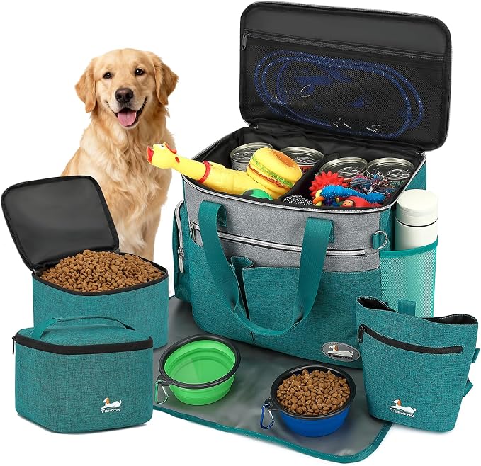 Dog Travel Bag for Pet Kit for Supplies with 2 Food Storage Containers 2 Collapsible Bowls 1 Feeding Mat 1 Dog Treat Pouch 7-Piece Set Perfect Road Trips Camping Weekend (Olive Green) - Image 8