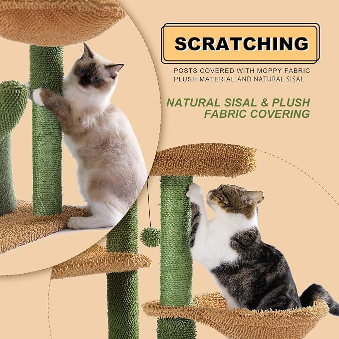 Cactus Cat Tree, Multi-Level Cat Tower with Large Metal Carpet Hammock, Cat Scratching Post for Indoor Cats with Condo & Replaceable Toy Ball, Green - Image 5