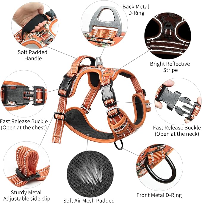 Timos Dog Harness, No Pull Large Sized with 3 Buckles, Flower Orange, XL | Reflective, No Choke, Easy On & Off, Adjustable Soft Padded, Front & Back 2 Clips and Control Handle for Walking Training - Image 3
