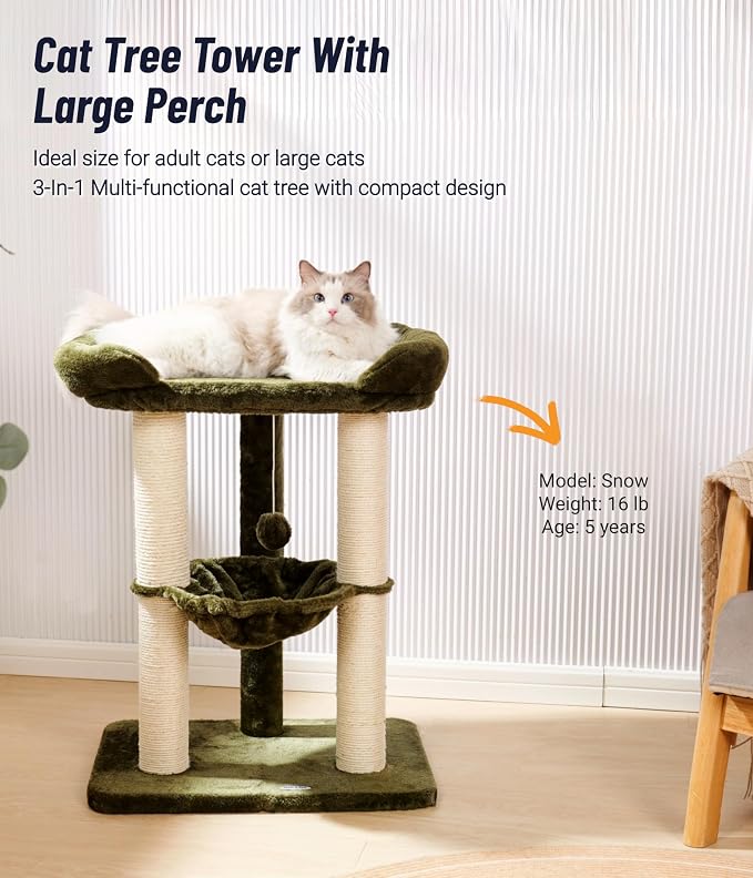 Cat Tree, Cat Scratching Posts with Large Bed for Big Cats | Green, Small Cat Tower, 28" Tall For Window Viewing, 23.6"x15.7" Large Cat Bed, Cat Hammock, Removable Cover, Solid Structure - Image 2
