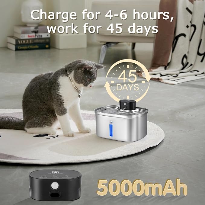 Wireless Cat Water Fountain Stainless Steel, 5L/169oz Automatic Pet Water Dispenser with 5000mAh Battery, 3 Modes (Sensor/Timer/Continuous), Ultra Quiet Pump & 6 Replacement Filters for Cats & Dogs - Image 3
