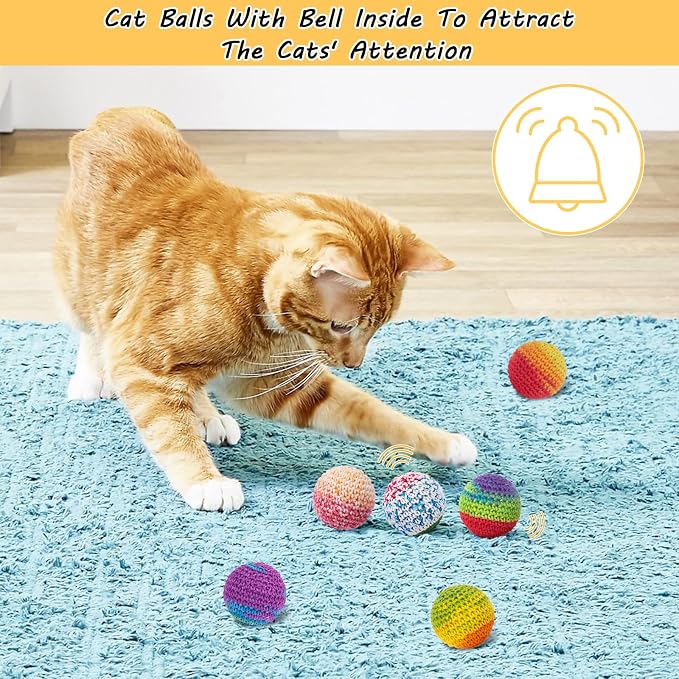 Retro Shaw Cat Toys Balls, Wool Yarn Cat Ball with Bell Inside, 6Pcs | Handmade Crochet, Interactive Kitten Toys for Indoor Cats, Safe Durable Kitty Chew Nip Kicker Chase - Image 3
