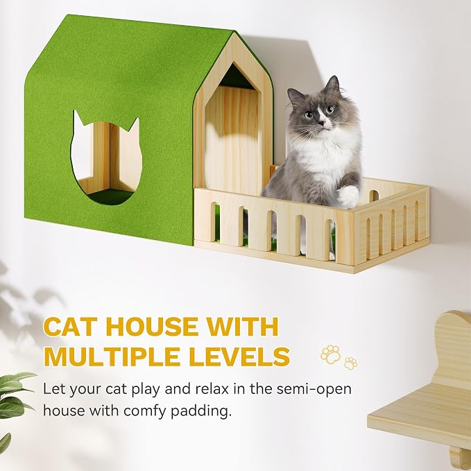 DWVO Cat Wall Shelves and Perches for Wall, Solid Wood Wall Mounted Cat Furniture, Set of 15 Cats Climbing Shelves for Large Cats with Green Wall House & Fence, Steps, Bridge Ladder, Scratching Posts - Image 4