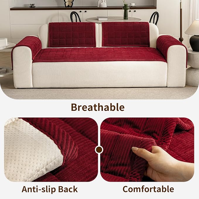 Couch Covers for Dogs, Non Slip Washable Pet Couch Covers for Sofa | 27.6”x82.7” Burgundy Soft Velvet Sofa Covers for 3-4 Cushion Couch, Couch Protect Against Pet Hair, Scratches & Stains - Image 3
