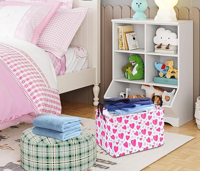 Rectangle Gift Storage Basket Home Shelf Storage Basket Organizer Box Clothes Laundry Hamper Nursery Basket Laundry Basket with Handles (Heart) - Image 5