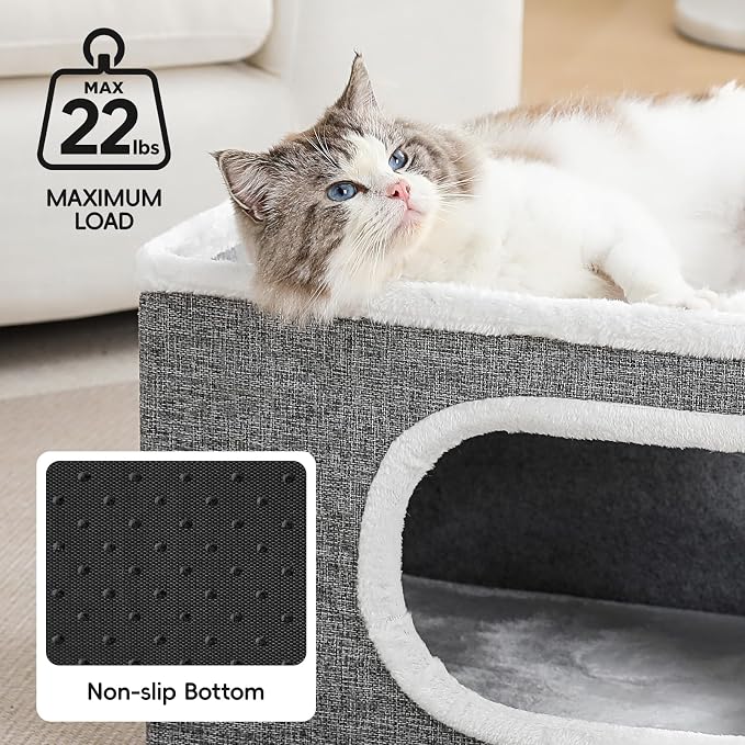 Cat Houses for Indoor Cats, Large Covered Cat Bed Cave, Grey, 16in | Foldable Kitten Bed House with Fluffy Ball and Scratch Pad, Large Cat Condo for Multiple Pets, Cat Hideaway, 16x16x13 inches - Image 2