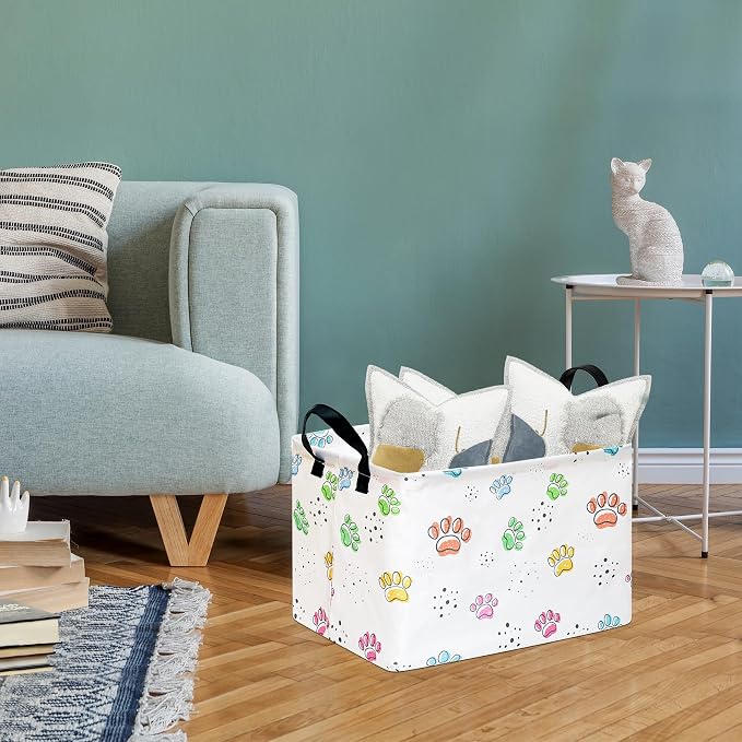 Baby Storage Basket,Colorful Dog Paw Print,Waterproof Lining, Leather Handles, Collapsible for Kids Toys, Pets Supplies, Gift Basket - Image 3