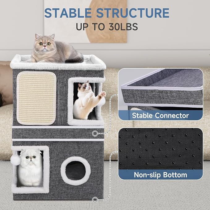 Shikha 2 Story Cat House beds for Indoor Cats with Scratch Pads Grey | 2 in 1 Dual Use Double Cat Bed Cave for Multiple Pets Kitten, Elevated Perch for a Wide View, All Season Reversible Cushion - Image 5