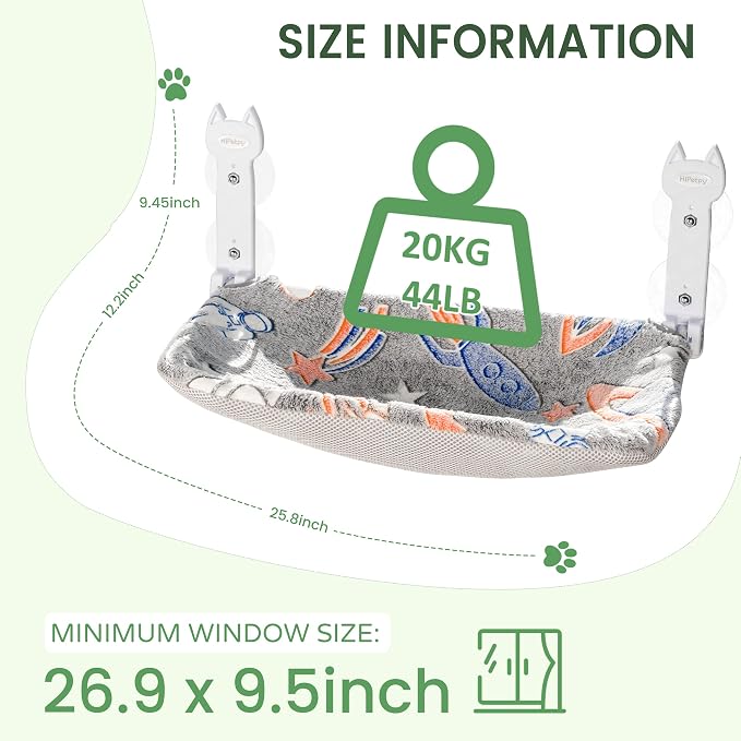 HiPetpy 2-Pack Large Cat Window Perch, Cordless Foldable Cat Hammock | Glow in the dark fabric, removable soft cover, breathable mesh, suction cups, large window cat bed for indoor cats - Image 6