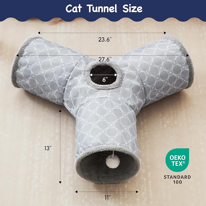 Tempcore Cat Tunnel for Indoor Cats Fleece-Lined in for Warmth, 3 Way Collapsible Pet Play Tunnel with Teaser Wand, Peek Holes & Hanging Ball, Interactive Tube for Kittens & Rabbits, Geometry Grey - Image 2