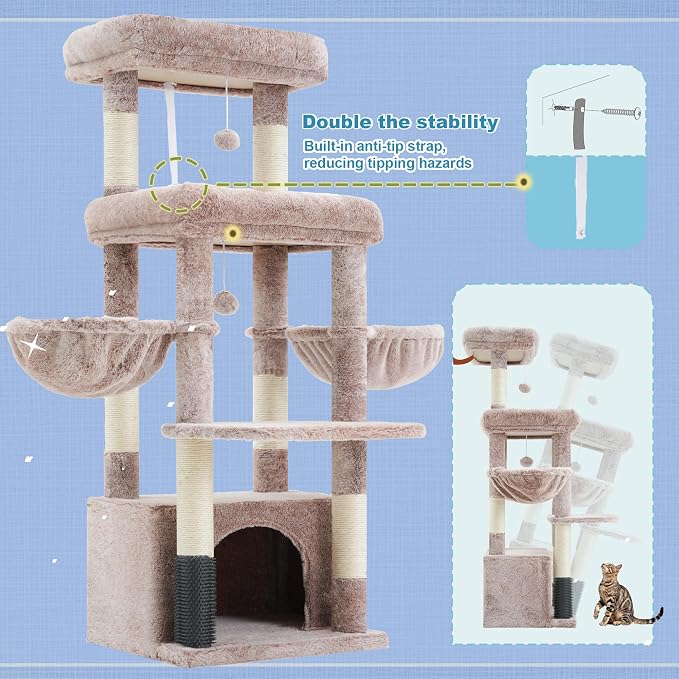 Hey-brother Cat Tree Tower with Extra Large Platform, Big Condo, MPJ070MU | 51.1 Inches Scratching Posts with 2 Cozy Hammocks, Self-Grooming Brush for Indoor Adult Cats, Maine Coon, Muchroom - Image 8