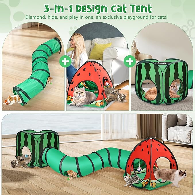Tailtastic 3-in-1 Watermelon Cat Tunnel with Cube, Tent & Ball for Indoor | 3-way S-tunnel with hide & seek portals & balls, multi-cat cube,30-sec hook-and-loop assembly, foldable for easy storage - Image 2