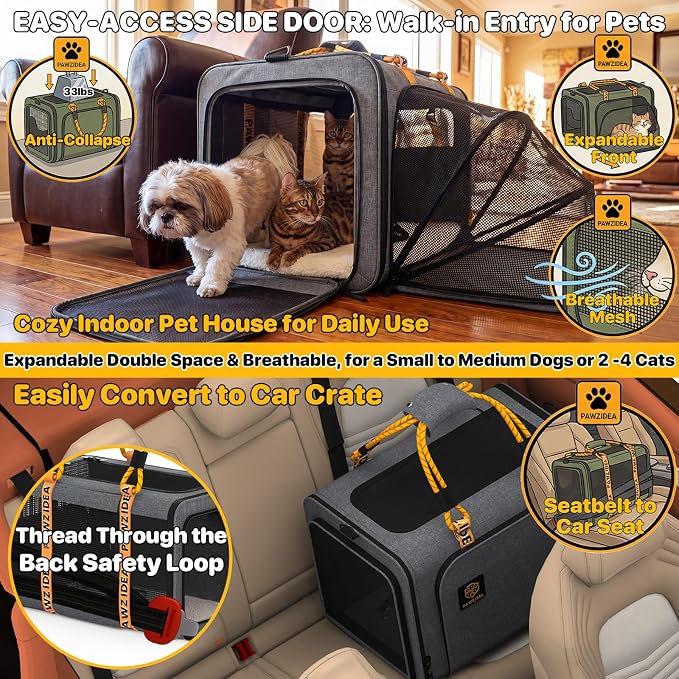 PAWZIDEA Expandable Large Pet Carrier, Soft-Sided 2–4 Cats Carrier Up 55lbs | 24"×16"×16" Collapsible Small to Medium Dog Carrier Travle Bag, Portable Dog Crate for Car Travel, Breathable, Storage Pocket - Image 5
