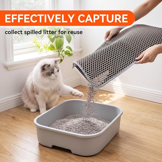 Cat Litter Mat, Double Layer Litter Trapping Mat, Gray (24" x 15") | Waterproof cat mat for litter box. Washable EVA kitty litter mat & scatter control honeycomb litter box mat - Image 3
