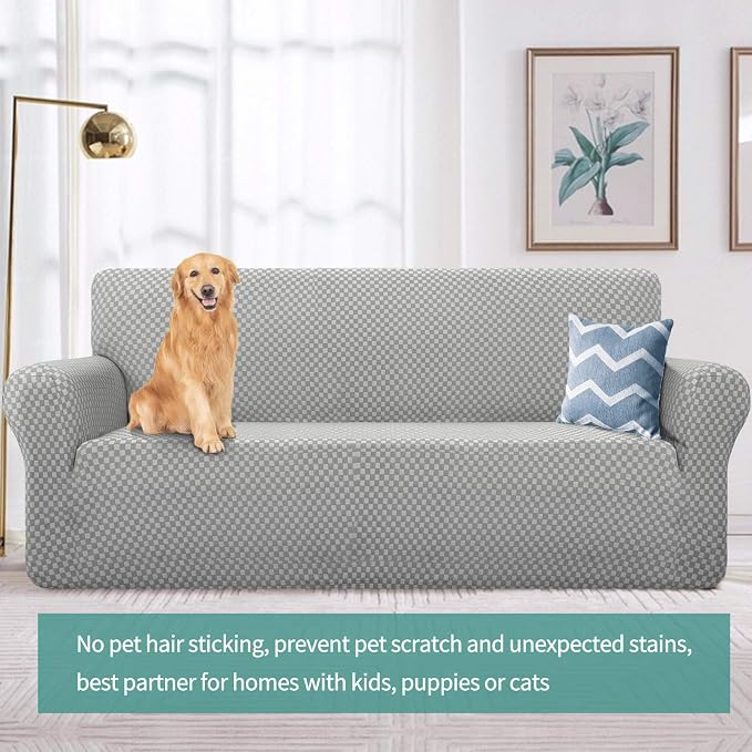 YEMYHOM Couch Cover Latest Jacquard Design High Stretch Sofa Covers for 3 Cushion Couch, Pet Dog Cat Proof Slipcover Non Slip Magic Elastic Furniture Protector (Large, Light Gray Checkered) - Image 2