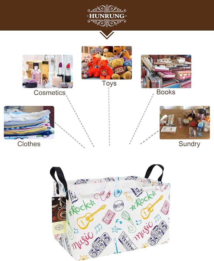 Rectangle Canvas Foldable Storage Basket for Nursery,Musical instrument | Portable and collapsible cloth receptacle. Stores pet essentials, daily use items - Image 3