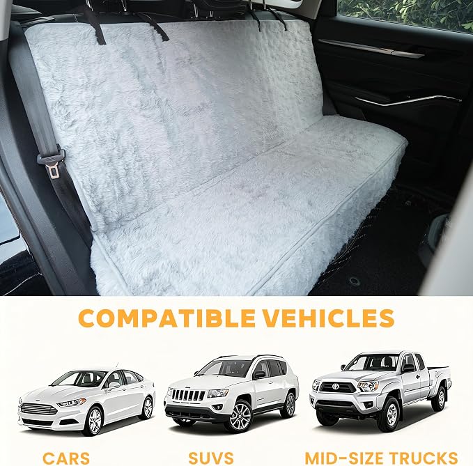 Dog Car Seat Cover, Waterproof Plush Pet Seat Protector, Gray, Back Seat | Faux rabbit fur, waterproof layer, non-slip silicone backing, side flaps, machine washable, fits most cars and SUVs - Image 2