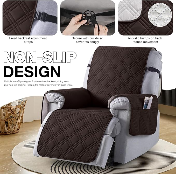 TAOCOCO 100% Waterproof Recliner Chair Cover, Oversized Recliner Covers for Large Recliner Chair with Double Straps, Non Slip Reclining Chair Cover for Kids, Pets(Oversized Recliner, Coffee) - Image 6