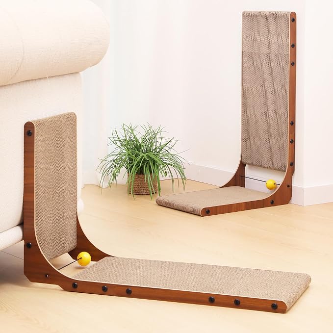 FUKUMARU Cat Scratcher for Indoor Cats, 26.8 Inch Cat Scratch Pad L Shaped | 2 Packs Cardboard Cat Scratcher, Vertical Cat Scratching Board with Ball Toy, Walnut Color - Image 8