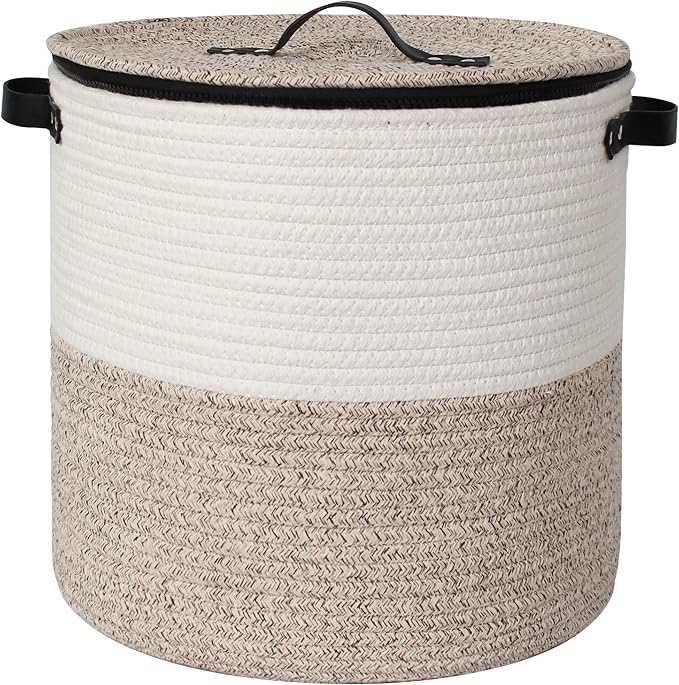 Storage Basket with Lid, 18"x14" Large Woven Blanket Storage for Living Room, Round Cotton Rope Bin with Zipper Top, Shoe Basket with Lid for Entryway, Floor Kids Dog Toy Bin Box with Cover by Unknown