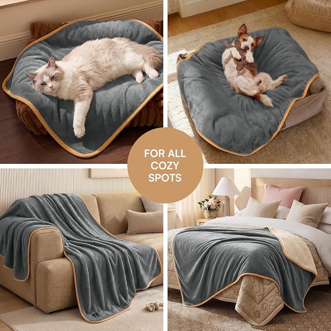 Luciphia Waterproof Pet Blanket, Washable Reversible Sherpa Fleece Throw | Liquid-proof furniture protector for bed and couch, soft reversible sherpa fleece for dogs, cats grey, XS - Image 5