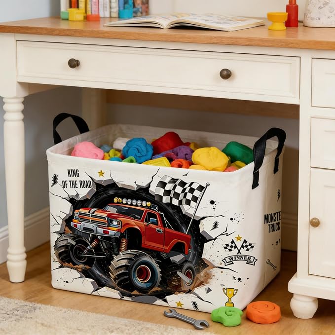 Rectangular Monster Truck Basket,Racing Car Storage Baskets,Cute Basket for kids with Handles,Kid Room Decor Gift,Car Room Decor,Book baskets(Monster Truck) - Image 6