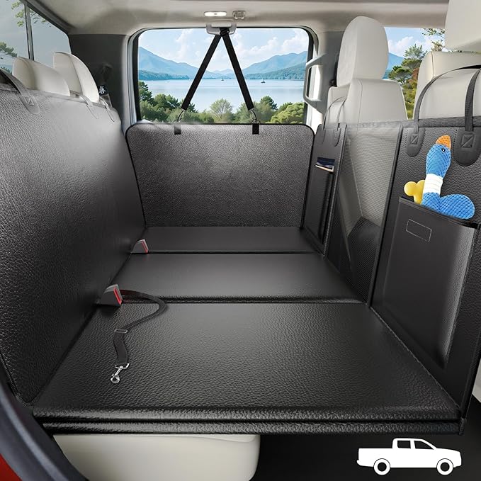 Dog Truck Seat Cover Back Seat, Hard Bottom, PU Leather, XL | Anti Scratch Pet Travel Hammock for F150, RAM1500, Sierra, Tundra, Silverado, Waterproof, Easy Clean, Non-Slip, Holds 420lbs by ROUWINNE
